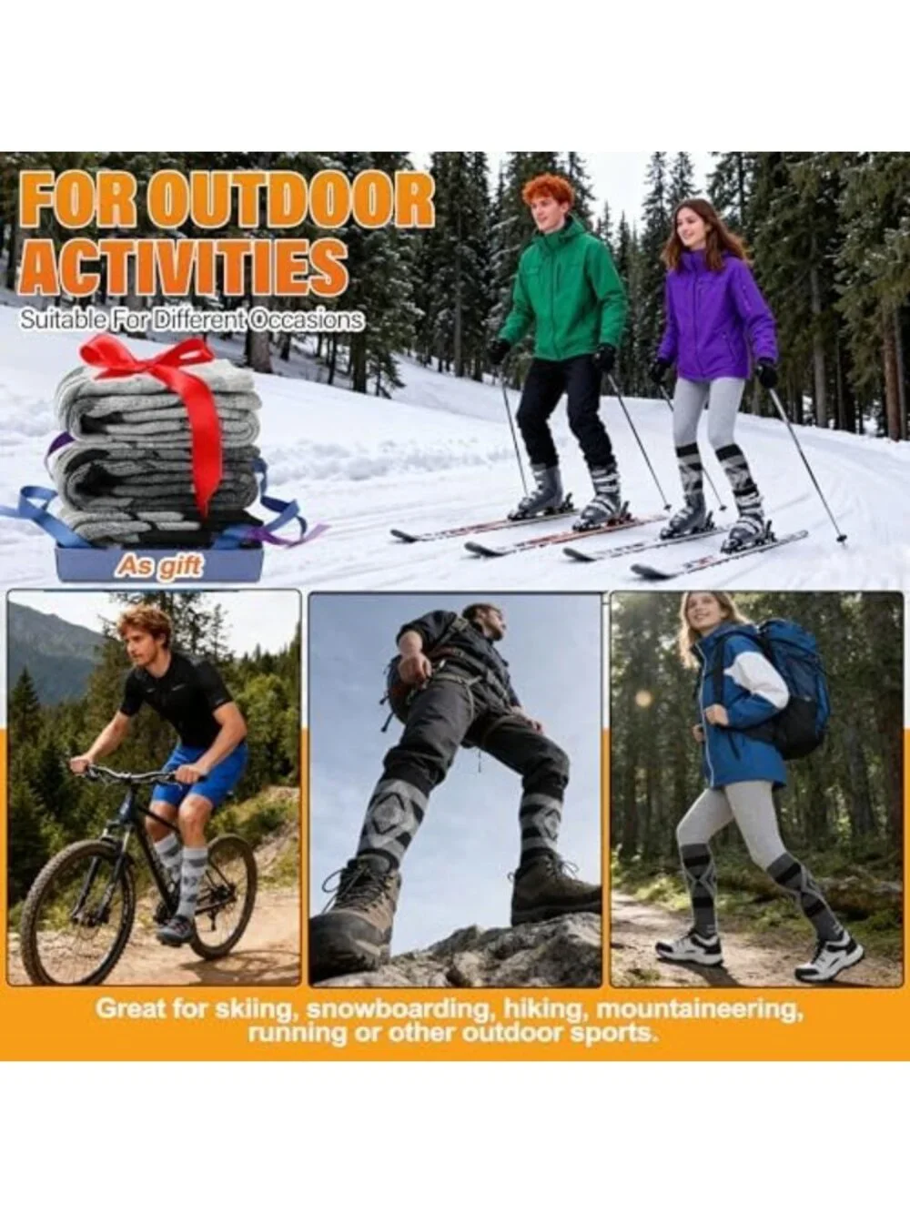3 Pairs Thermal Merino Wool Ski Socks - Warm Thick Knee High for Winter Sports